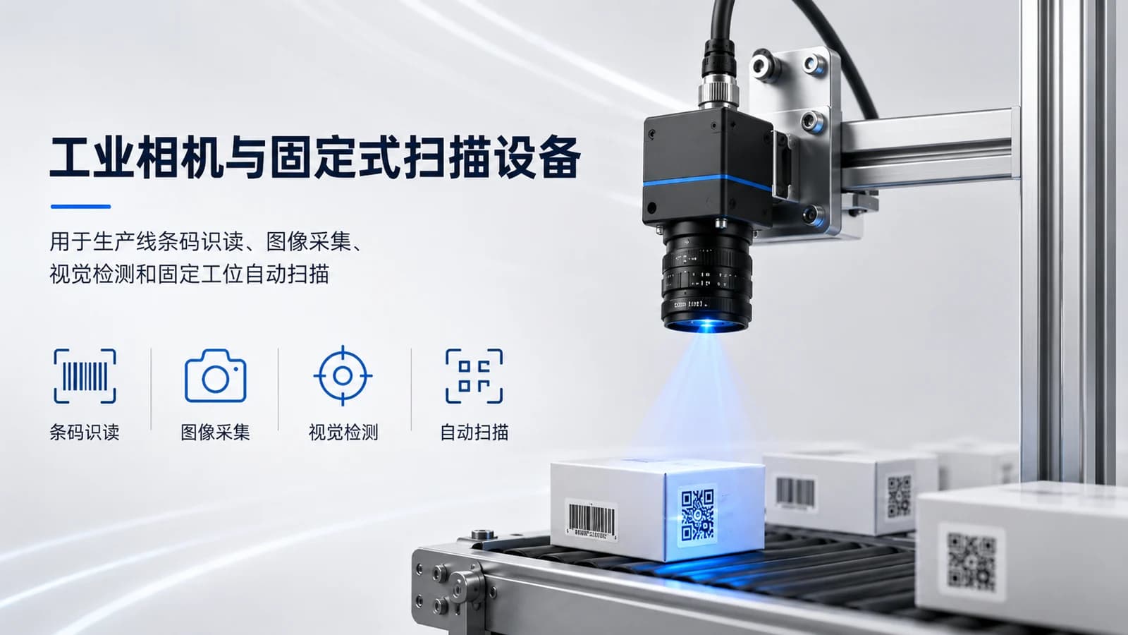 工业相机与固定式扫描设备执行条码识读和视觉检测的应用场景示意
